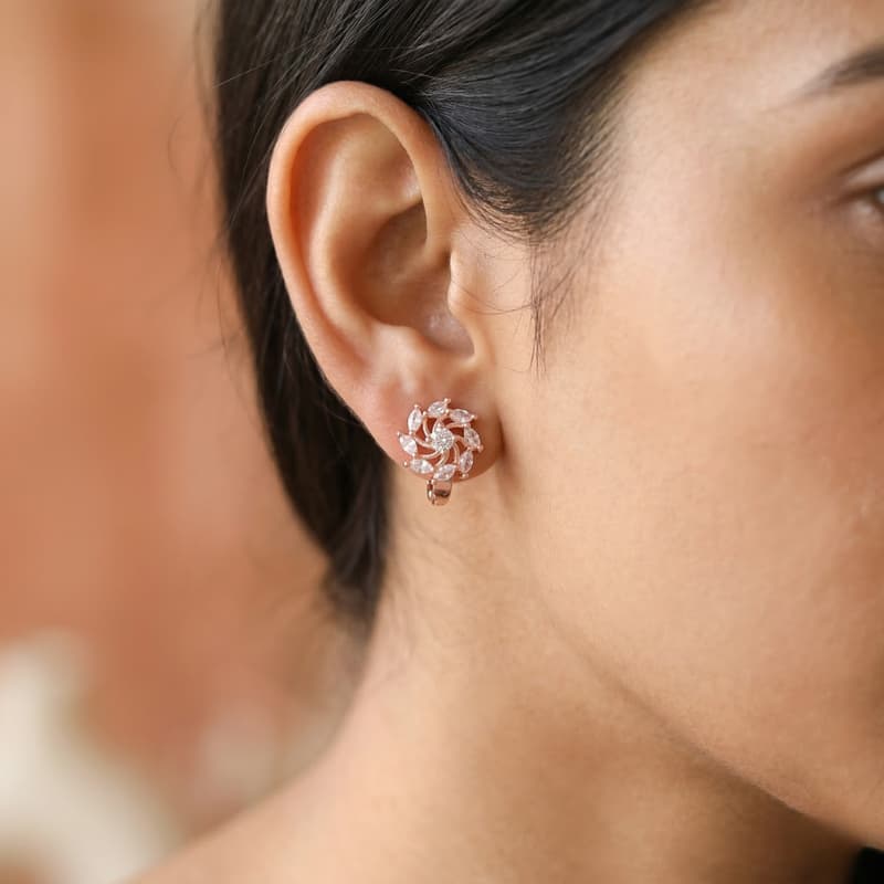 Forevershine Rose Gold Cz Swirl Floral Pinwheel Huggie Hoop Bali Earrings
