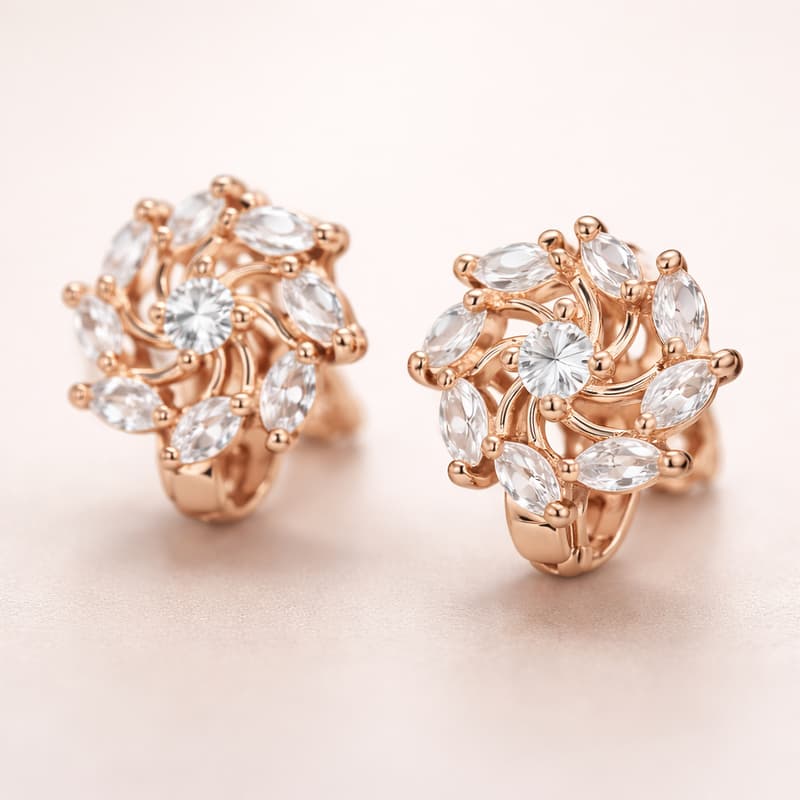 Forevershine Rose Gold Cz Swirl Floral Pinwheel Huggie Hoop Bali Earrings - Image 2