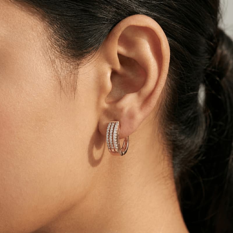 Forevershine Rose Gold Hoop Earrings With Triple Row Pave Crystals, Huggie Style, Lever Back Closure