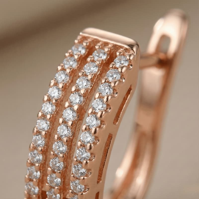 Forevershine Rose Gold Hoop Earrings With Triple Row Pave Crystals, Huggie Style, Lever Back Closure - Image 2