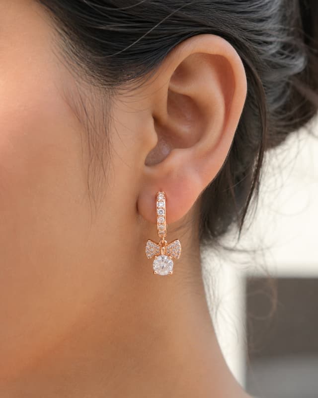 Forevershine Rose Gold Plated Cz Bow And Solitaire Drop Bali Earrings