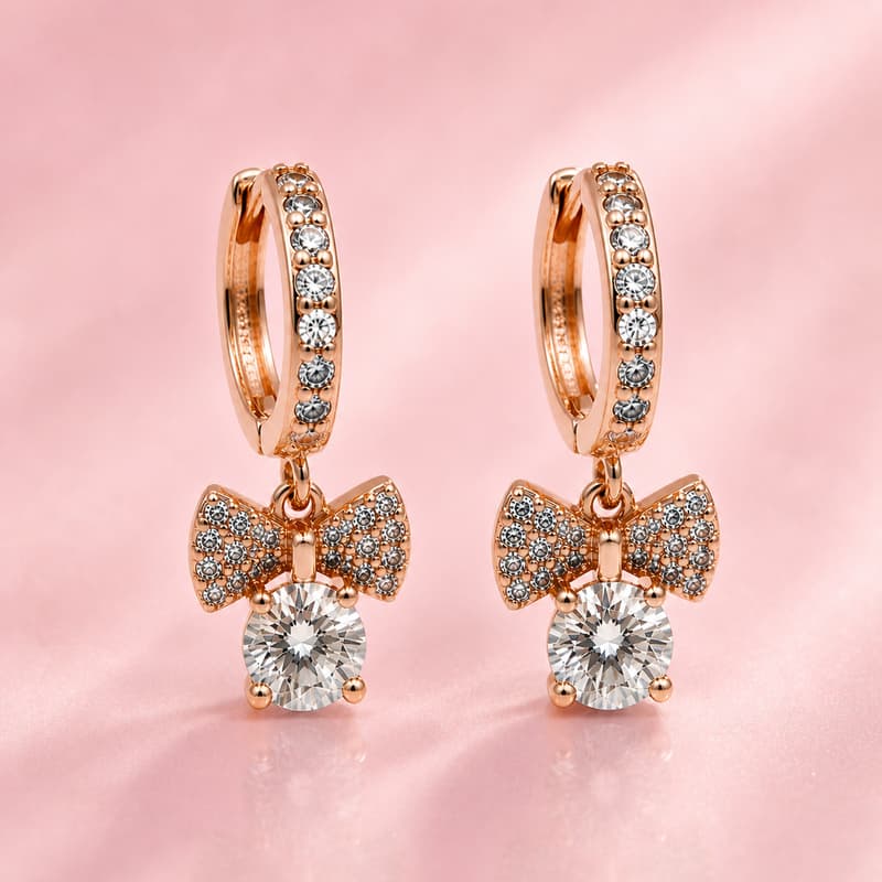 Forevershine Rose Gold Plated Cz Bow And Solitaire Drop Bali Earrings - Image 2
