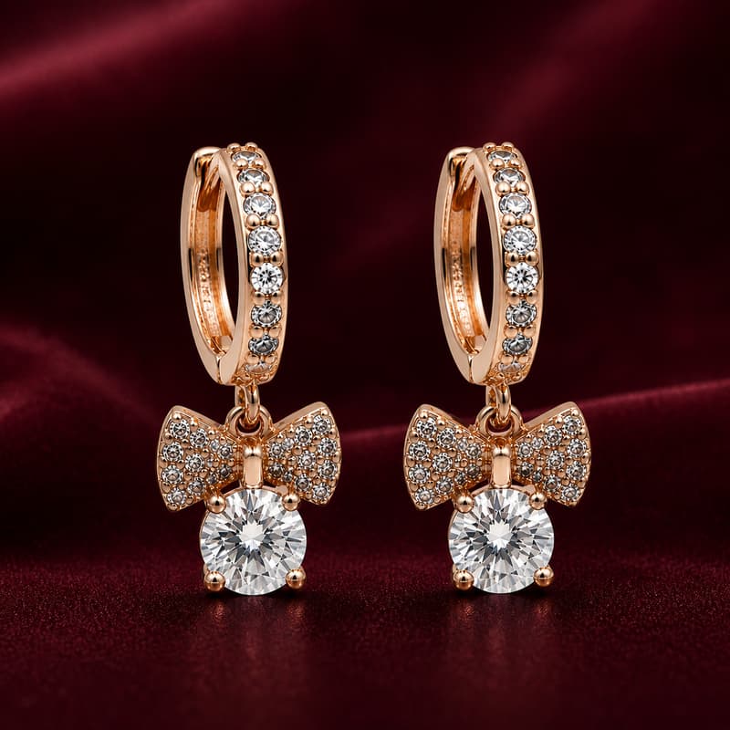 Forevershine Rose Gold Plated Cz Bow And Solitaire Drop Bali Earrings - Image 3