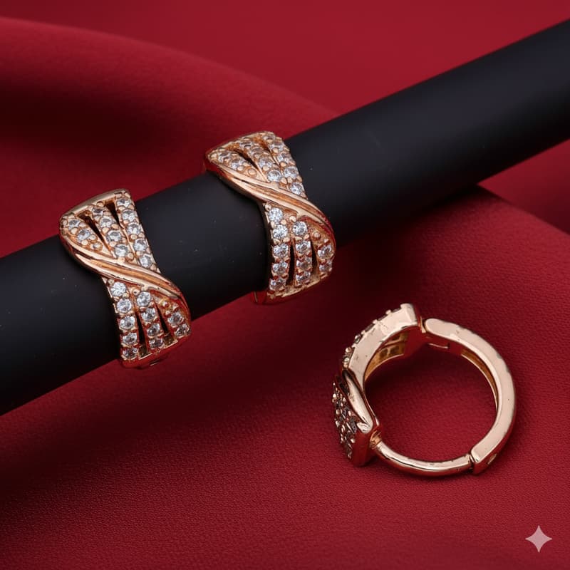 Forevershine Rose Gold Hoop Earrings With Cubic Zirconia, Twisted Criss-Cross Design, Huggie Style