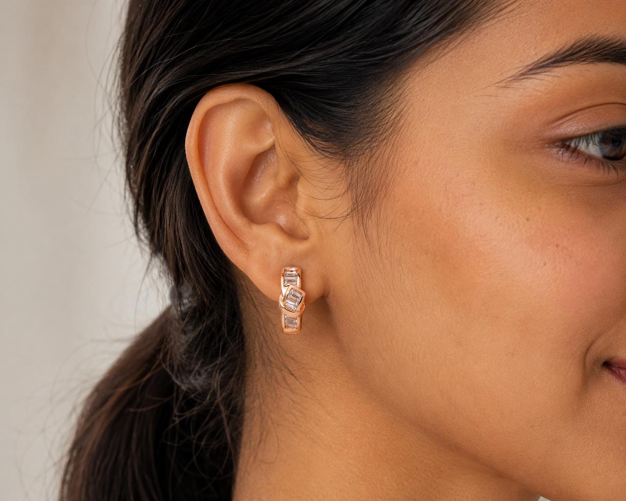 Forevershine Rose Gold Plated Cz Baguette Geometric Huggie Hoop Bali Earrings