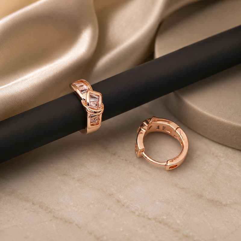 Forevershine Rose Gold Plated Cz Baguette Geometric Huggie Hoop Bali Earrings - Image 2