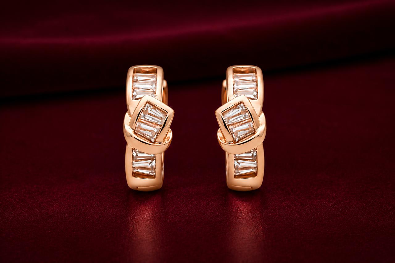 Forevershine Rose Gold Plated Cz Baguette Geometric Huggie Hoop Bali Earrings - Image 3