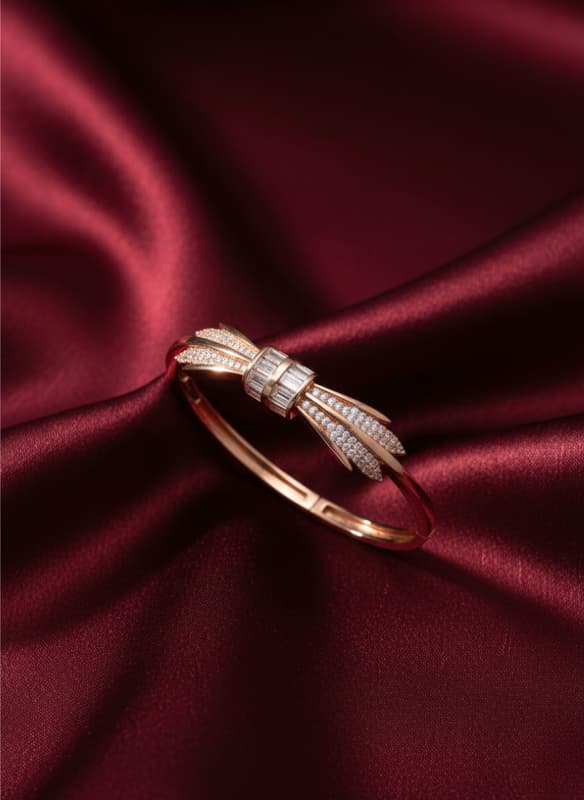 Forevershine Rose Gold Plated Bow Design Bracelet, American Diamond Studded, Copper Alloy, Women & Girls, Cz Stone Kada Style, Free Size