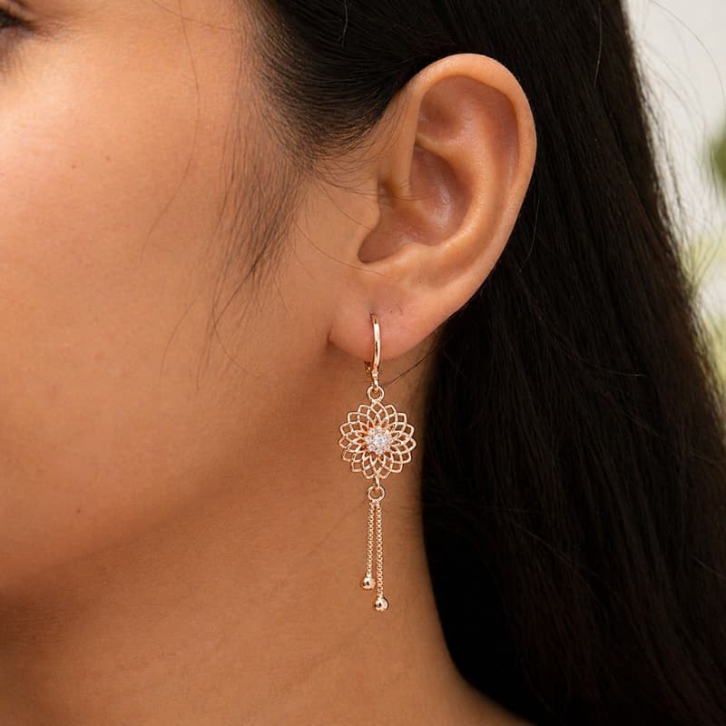 Forevershine Rose Gold Plated Cz Studded Floral Bali Latkan Earrings