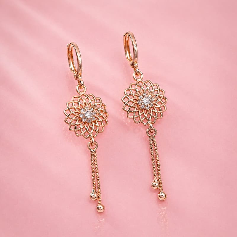 Forevershine Rose Gold Plated Cz Studded Floral Bali Latkan Earrings - Image 3