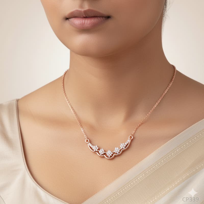 Forevershine Rose Gold Plated Cz Pendant Necklace For Women | Elegant Curved Chain Design With Sparkling Cubic Zirconia Stone | Stylish Wear Party Jewellery Gift