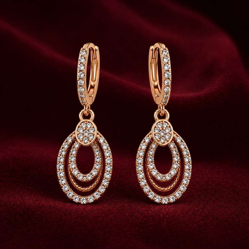Forevershine Rose Gold Plated Cubic Zirconia Triple Oval Drop Bali Earrings - Image 2