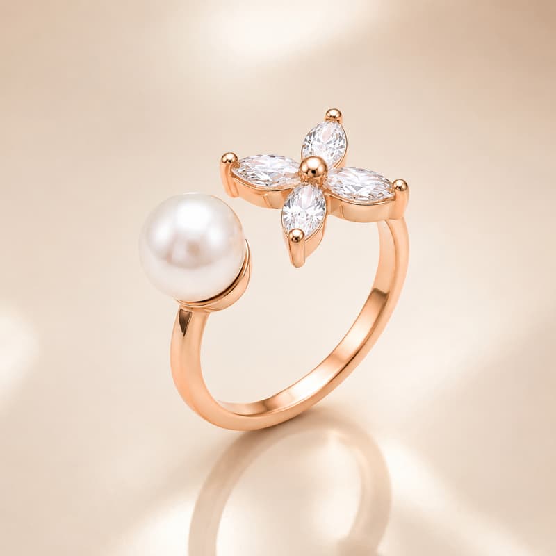 Forevershine Rose Gold Cz Flower And Pearl Adjustable Bypass Finger Ring - Image 2