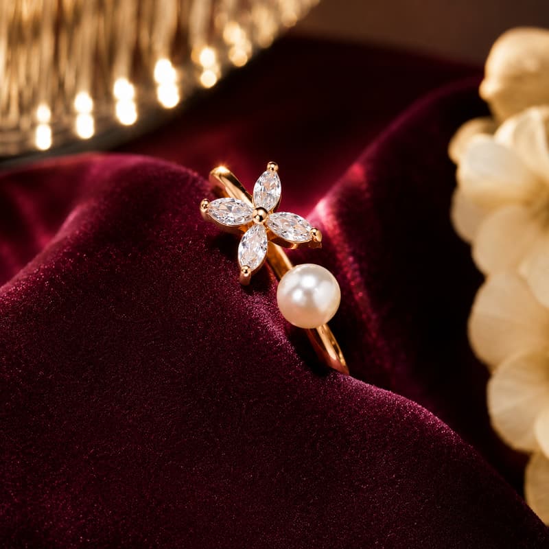 Forevershine Rose Gold Cz Flower And Pearl Adjustable Bypass Finger Ring - Image 3