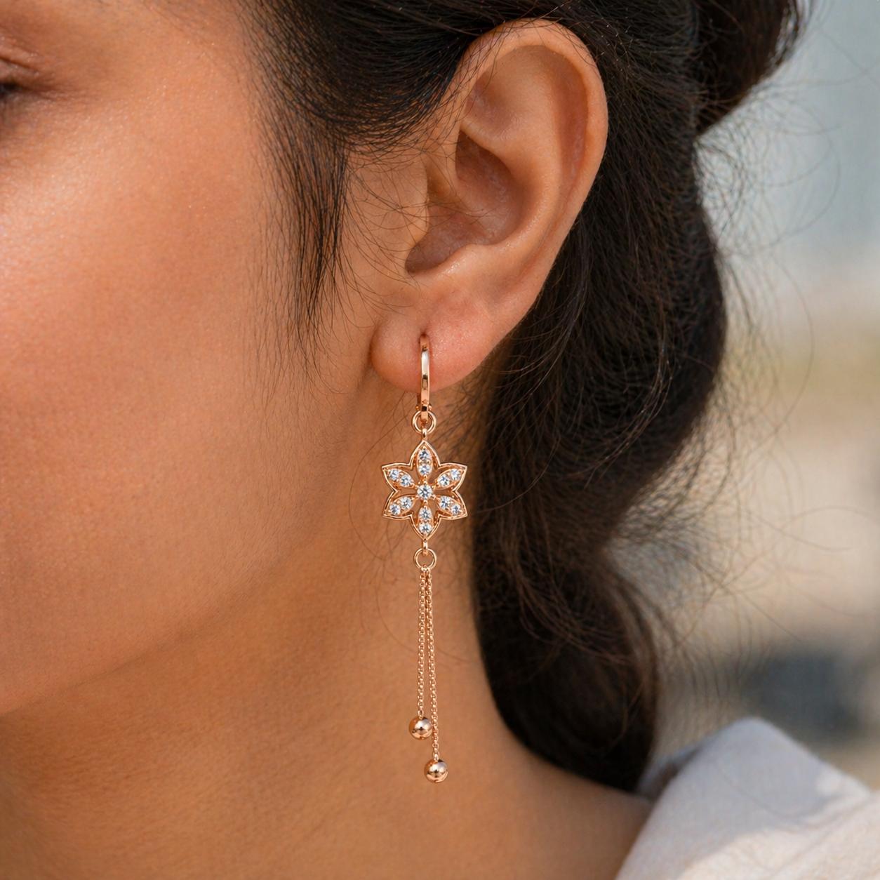 Forevershine Rose Gold Plated Cz Studded Floral Bali Latkan Earrings - Image 5