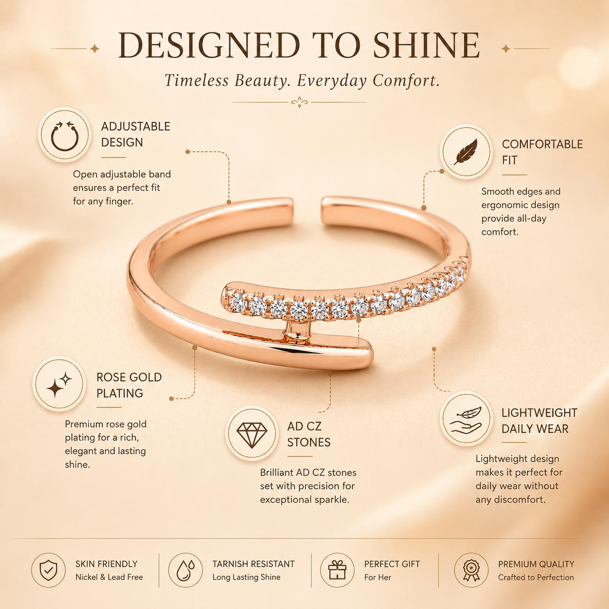 Forevershine Rose Gold Cz Studded T-Bar Overlapping Minimal Adjustable Ring - Image 9