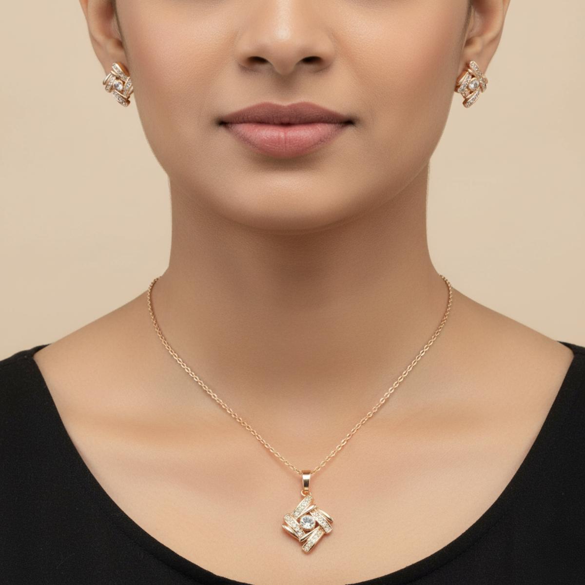 Forevershine Rose Gold Plated Geometric Pendant Necklace With Earrings Set For Women | Cubic Zirconia Stone Studded Jewellery Set | Stylish Chain Pendant Set
