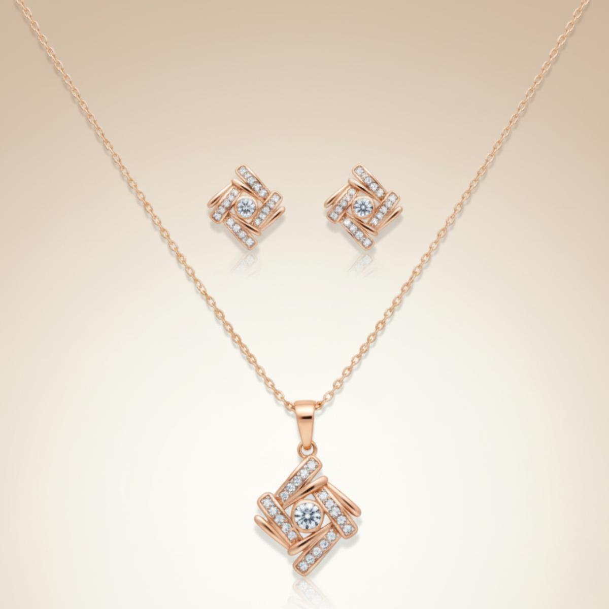 Forevershine Rose Gold Plated Geometric Pendant Necklace With Earrings Set For Women | Cubic Zirconia Stone Studded Jewellery Set | Stylish Chain Pendant Set - Image 2