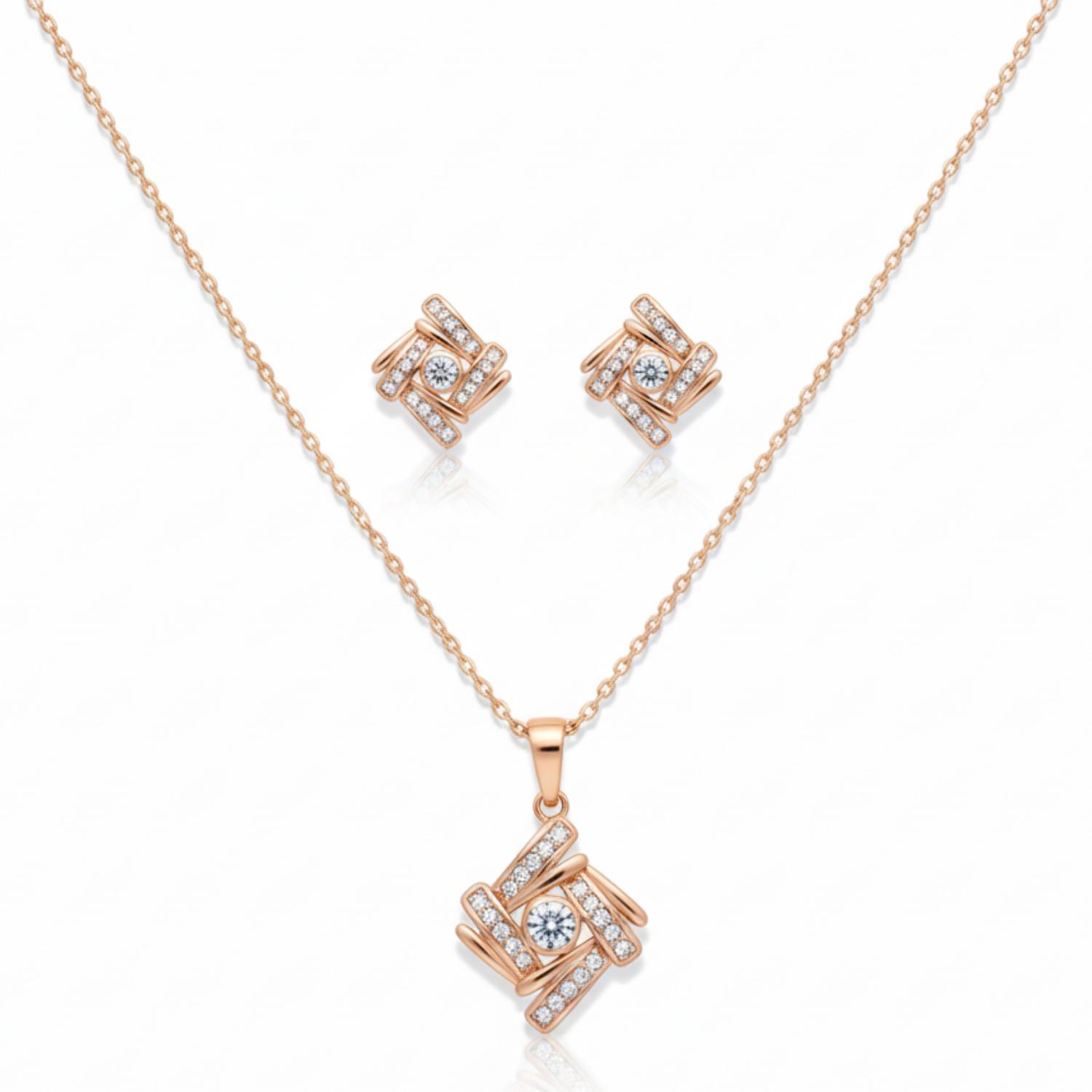 Forevershine Rose Gold Plated Geometric Pendant Necklace With Earrings Set For Women | Cubic Zirconia Stone Studded Jewellery Set | Stylish Chain Pendant Set - Image 3