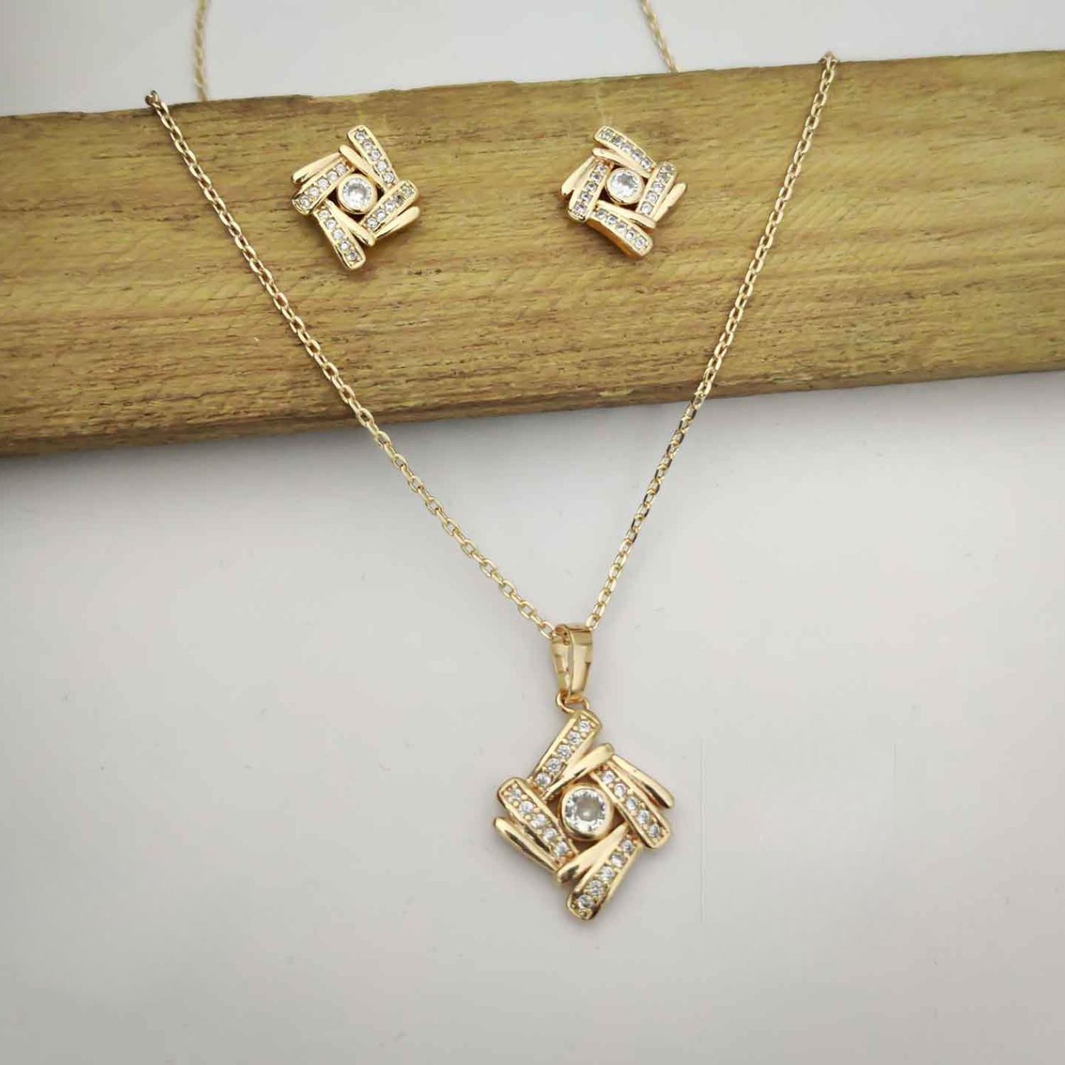 Forevershine Rose Gold Plated Geometric Pendant Necklace With Earrings Set For Women | Cubic Zirconia Stone Studded Jewellery Set | Stylish Chain Pendant Set - Image 4