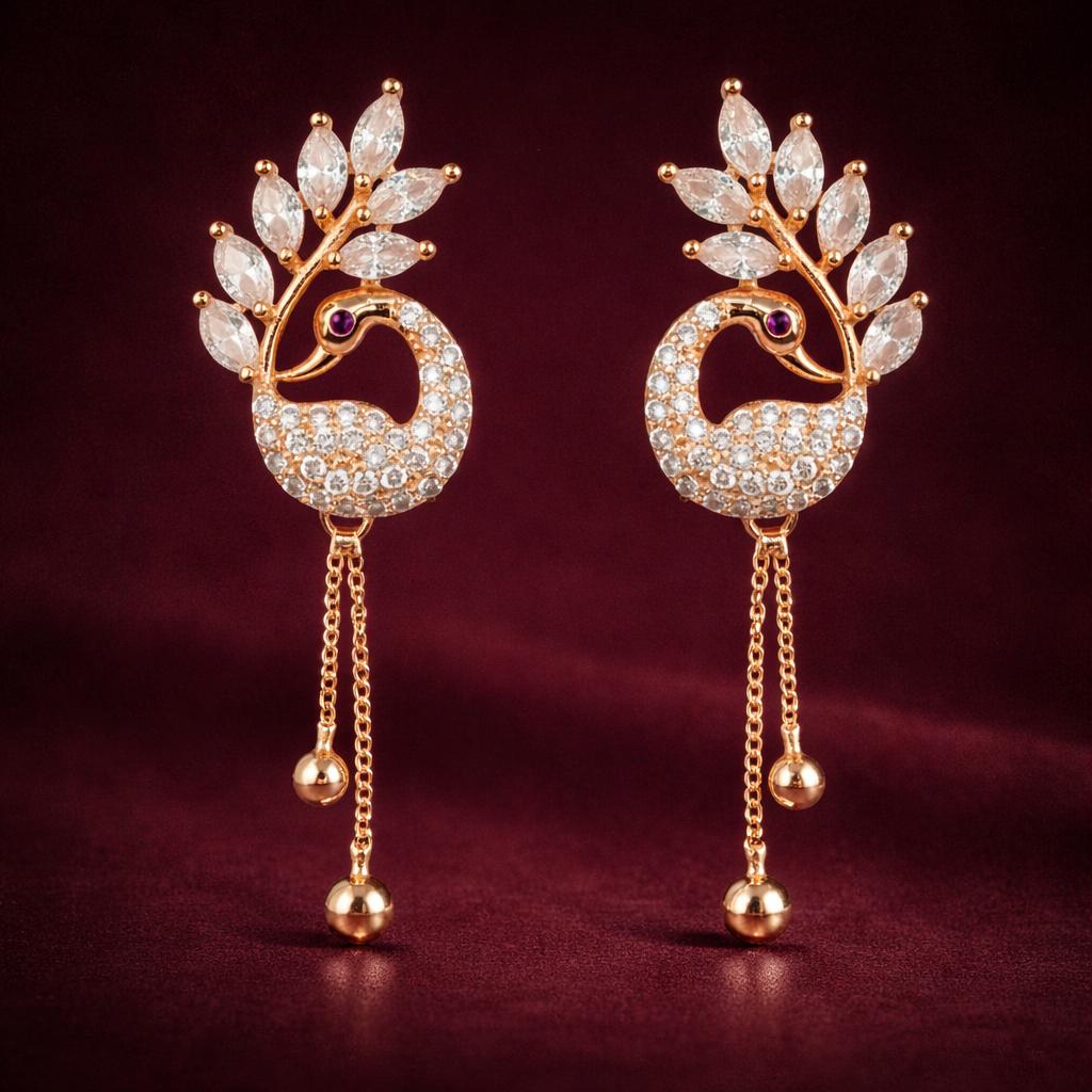 Forevershine Rose Gold Plated Cz Studded Peacock Latkan Long Drop Earrings