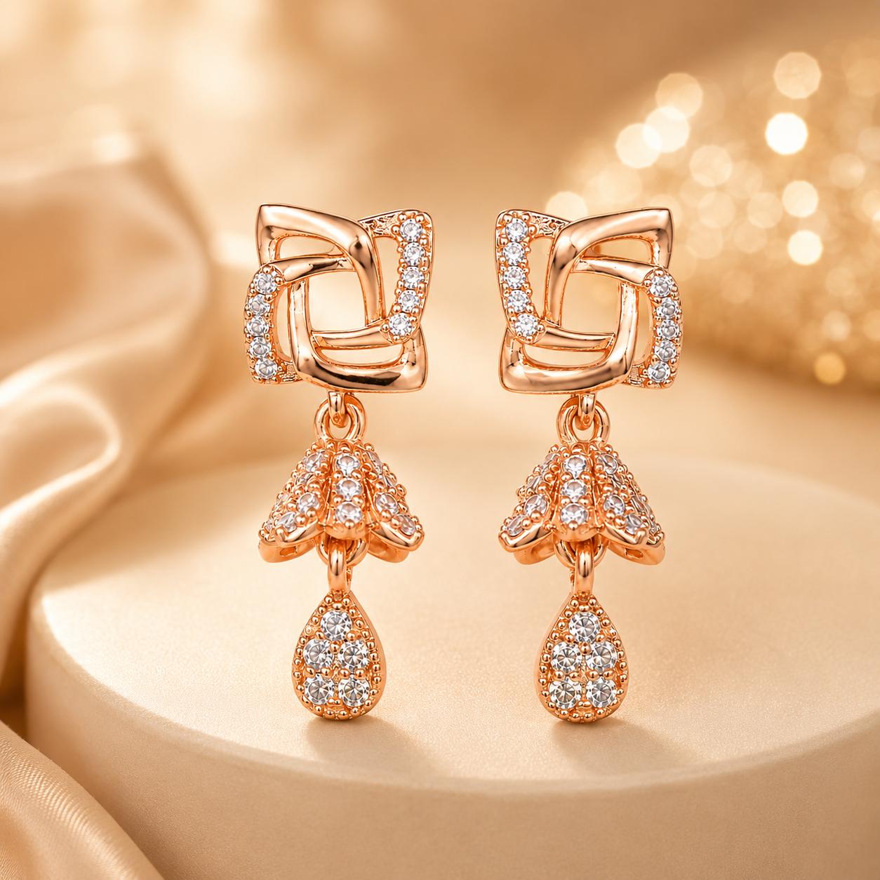 Forevershine Anti Tarnish Rose Gold Plated Geometric Square Stud Cz Jhumki Drop Earrings, Alloy, Traditional, American Diamond, Clip On, Contemporary Style|lightweight|gift For Her|for Women & Girls