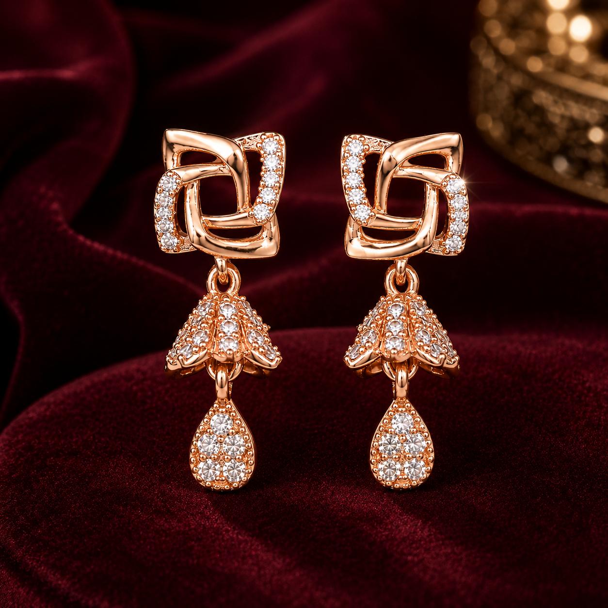 Forevershine Anti Tarnish Rose Gold Plated Geometric Square Stud Cz Jhumki Drop Earrings, Alloy, Traditional, American Diamond, Clip On, Contemporary Style|lightweight|gift For Her|for Women & Girls - Image 2
