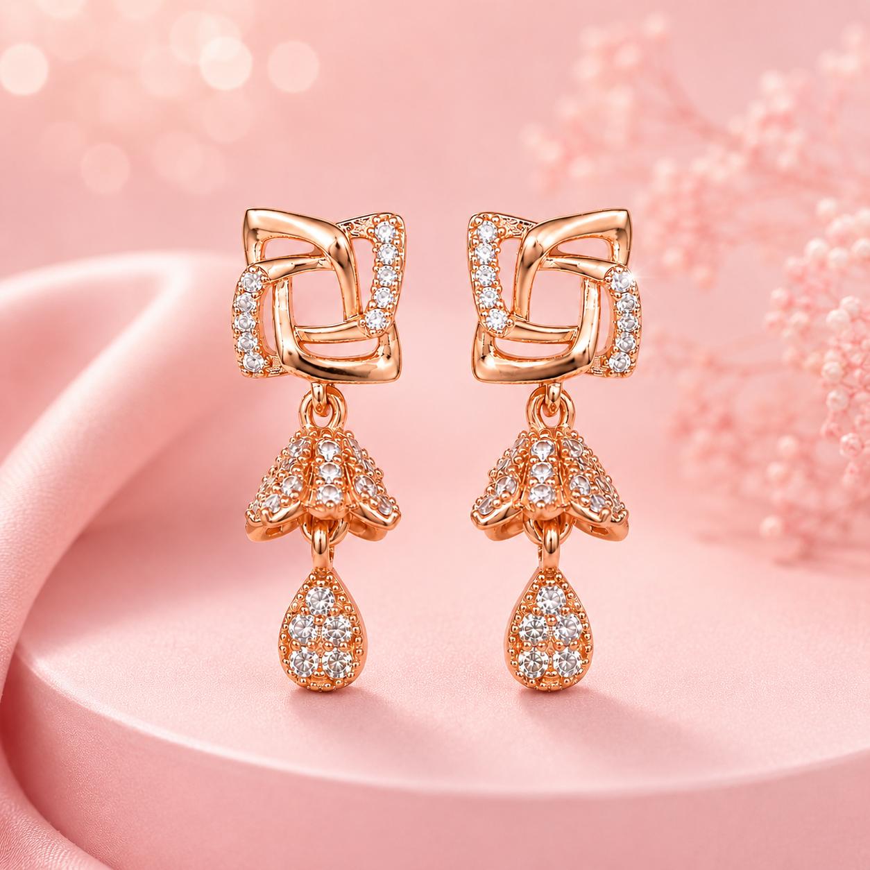 Forevershine Anti Tarnish Rose Gold Plated Geometric Square Stud Cz Jhumki Drop Earrings, Alloy, Traditional, American Diamond, Clip On, Contemporary Style|lightweight|gift For Her|for Women & Girls - Image 3