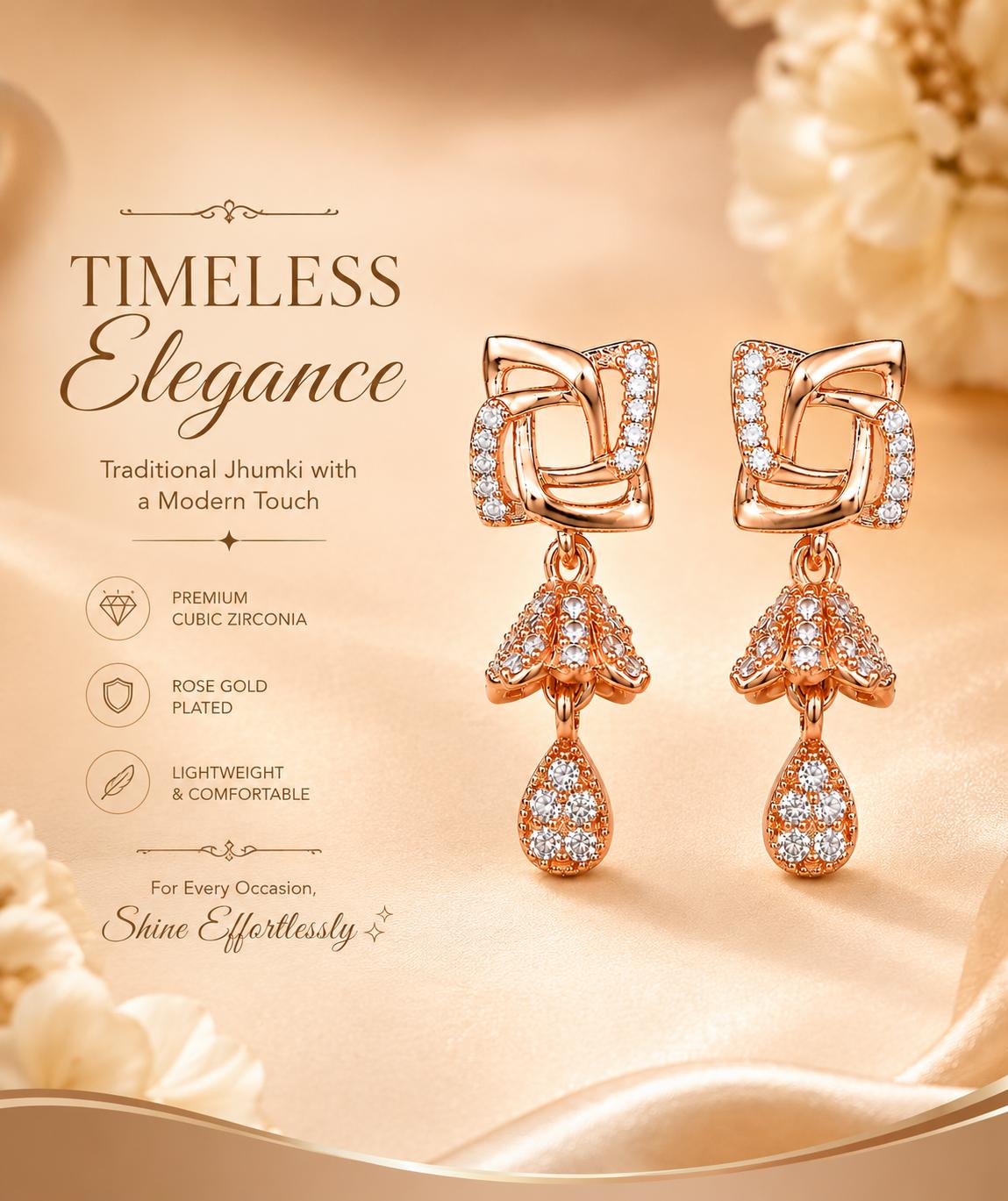 Forevershine Anti Tarnish Rose Gold Plated Geometric Square Stud Cz Jhumki Drop Earrings, Alloy, Traditional, American Diamond, Clip On, Contemporary Style|lightweight|gift For Her|for Women & Girls - Image 8