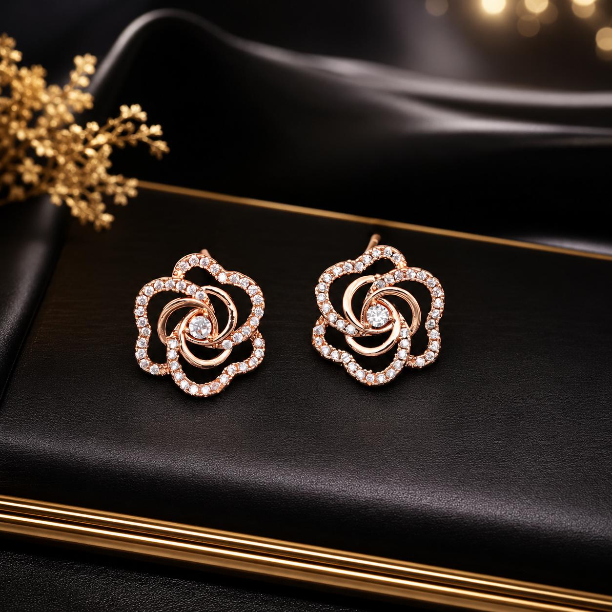 Forevershine Rose Gold & White Alloy American Diamond Cubic Zirconia Floral Minimal Round Stud Earrings For Women & Girls Fashion Jewellery, Party, Wedding Gift