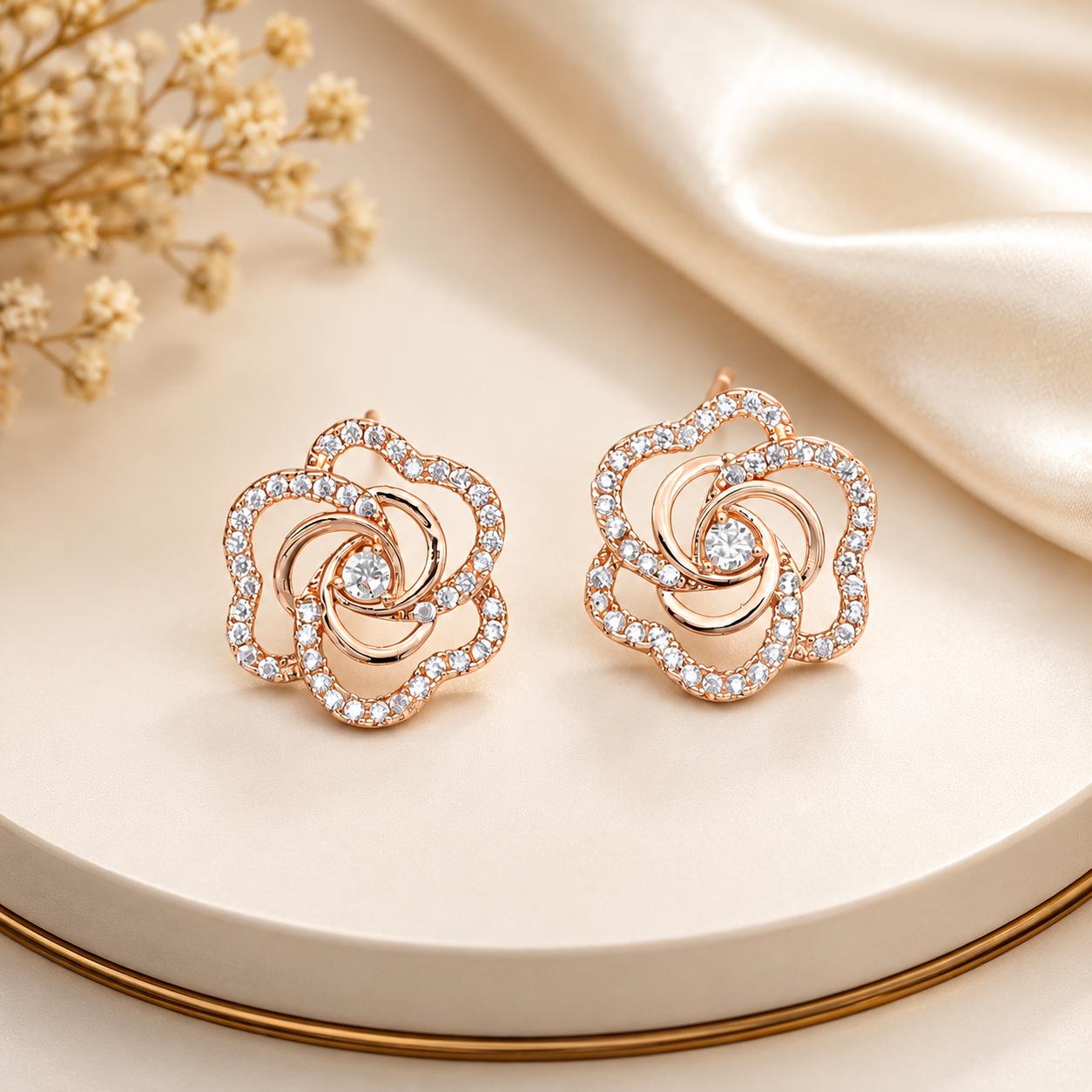 Forevershine Rose Gold & White Alloy American Diamond Cubic Zirconia Floral Minimal Round Stud Earrings For Women & Girls Fashion Jewellery, Party, Wedding Gift - Image 2