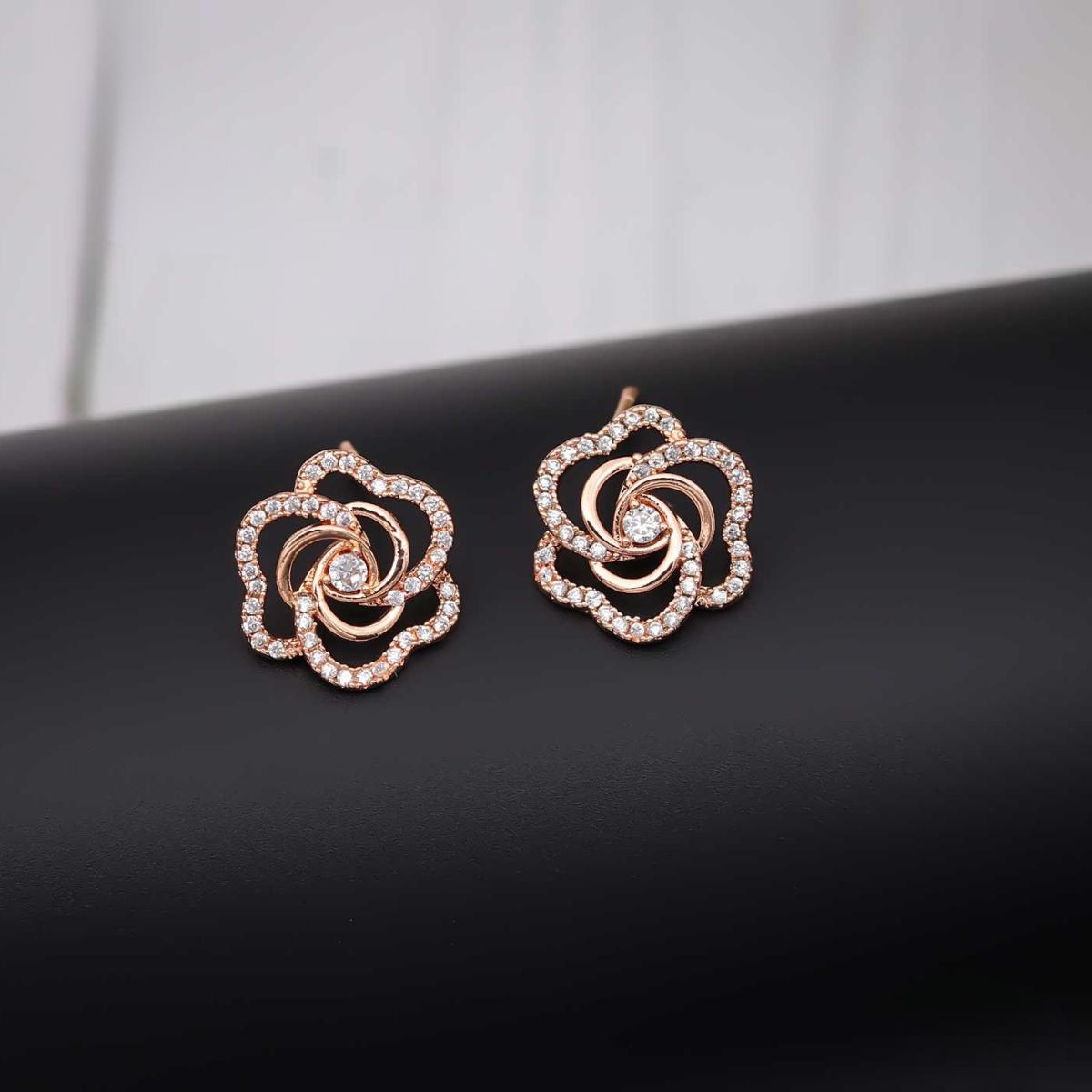 Forevershine Rose Gold & White Alloy American Diamond Cubic Zirconia Floral Minimal Round Stud Earrings For Women & Girls Fashion Jewellery, Party, Wedding Gift - Image 9