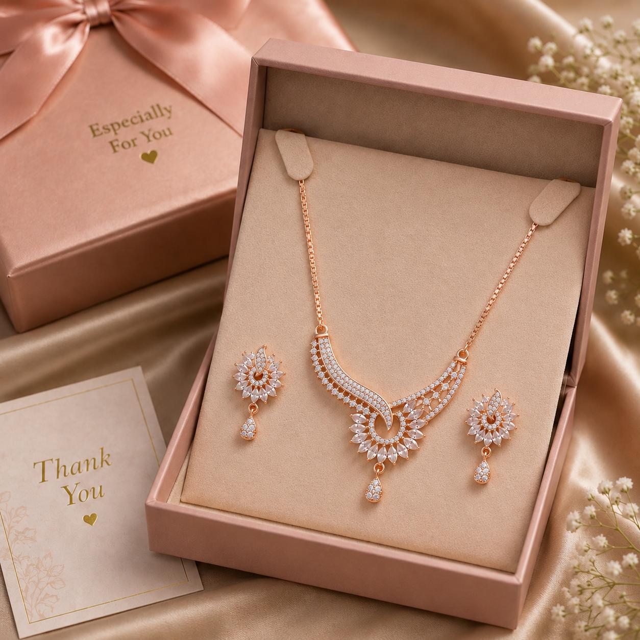 Forevershine Rose Gold Plated Cz Stone Studded Chain Pendant Necklace With Matching Earrings Jewellery Set For Women - Image 9