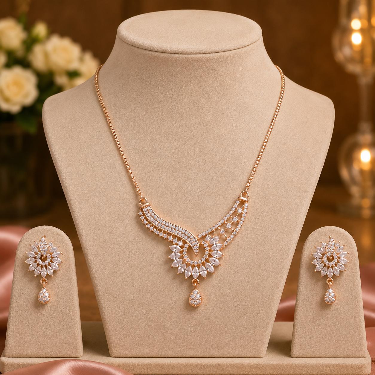 Forevershine Rose Gold Plated Cz Stone Studded Chain Pendant Necklace With Matching Earrings Jewellery Set For Women - Image 10