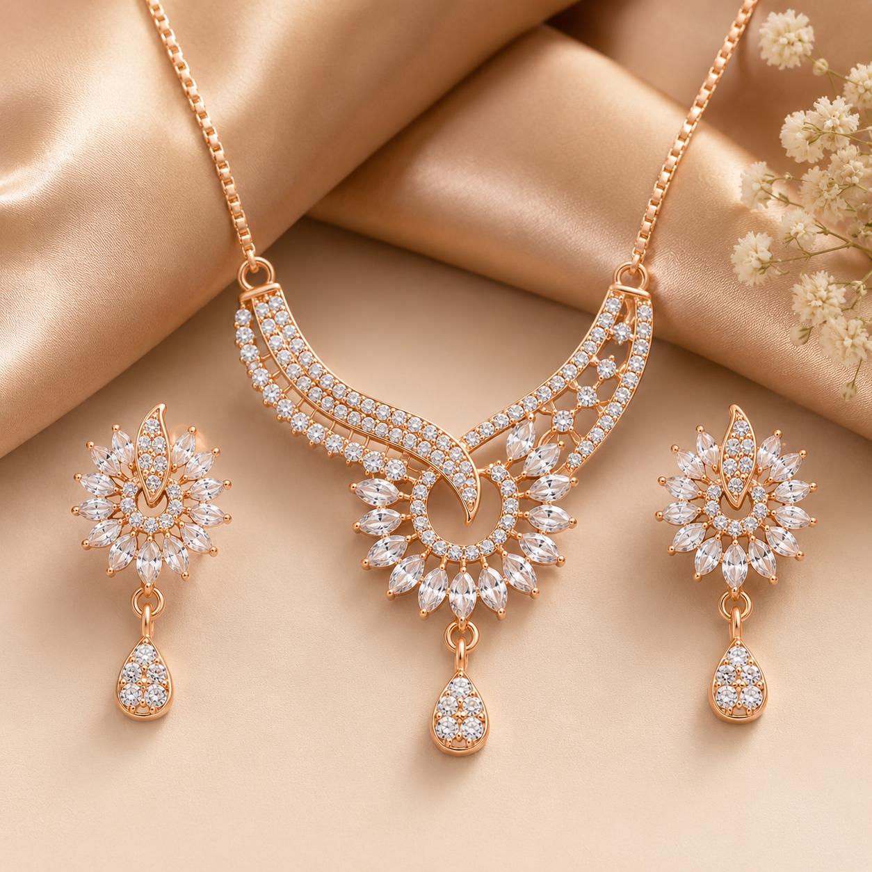 Forevershine Rose Gold Plated Cz Stone Studded Chain Pendant Necklace With Matching Earrings Jewellery Set For Women - Image 8