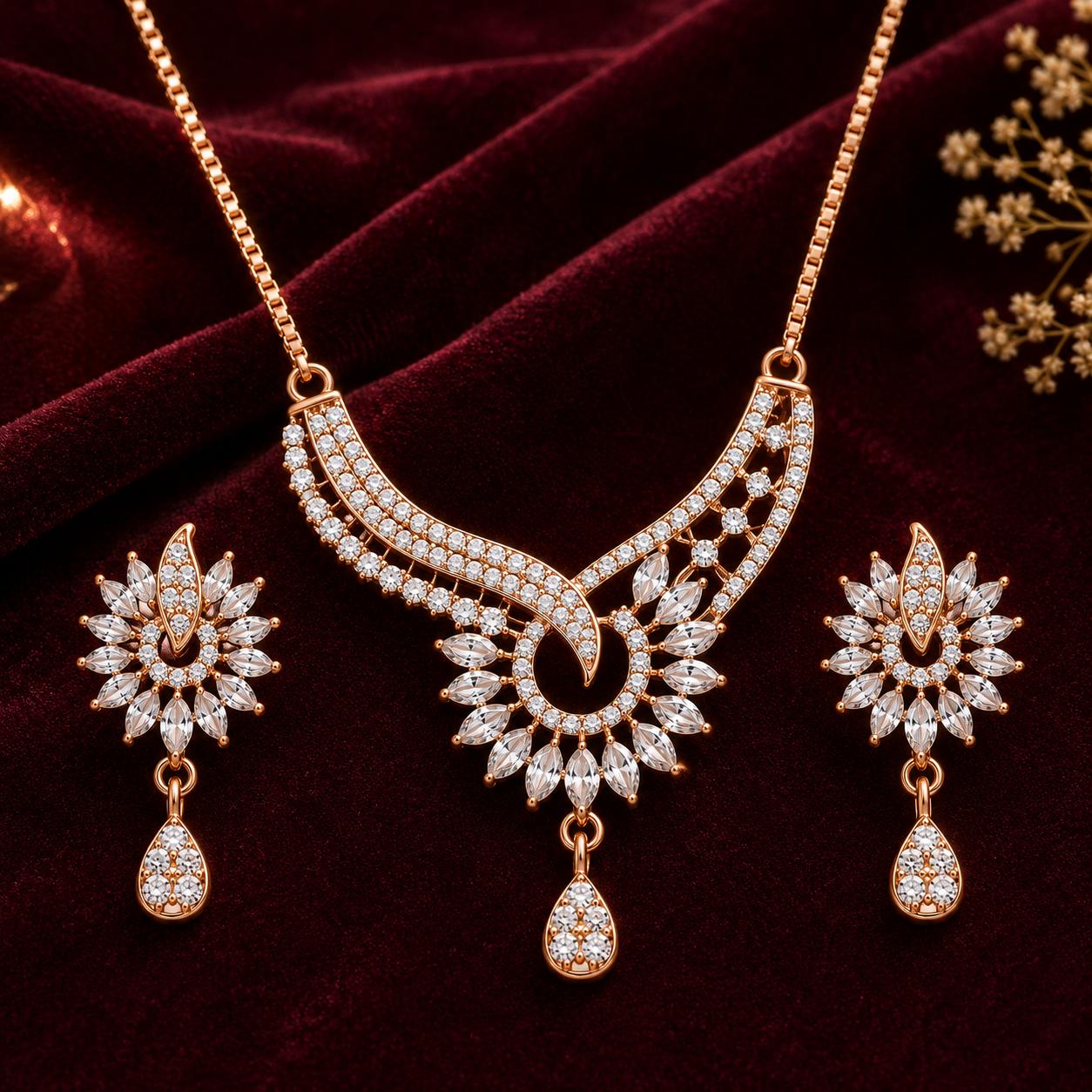 Forevershine Rose Gold Plated Cz Stone Studded Chain Pendant Necklace With Matching Earrings Jewellery Set For Women - Image 6