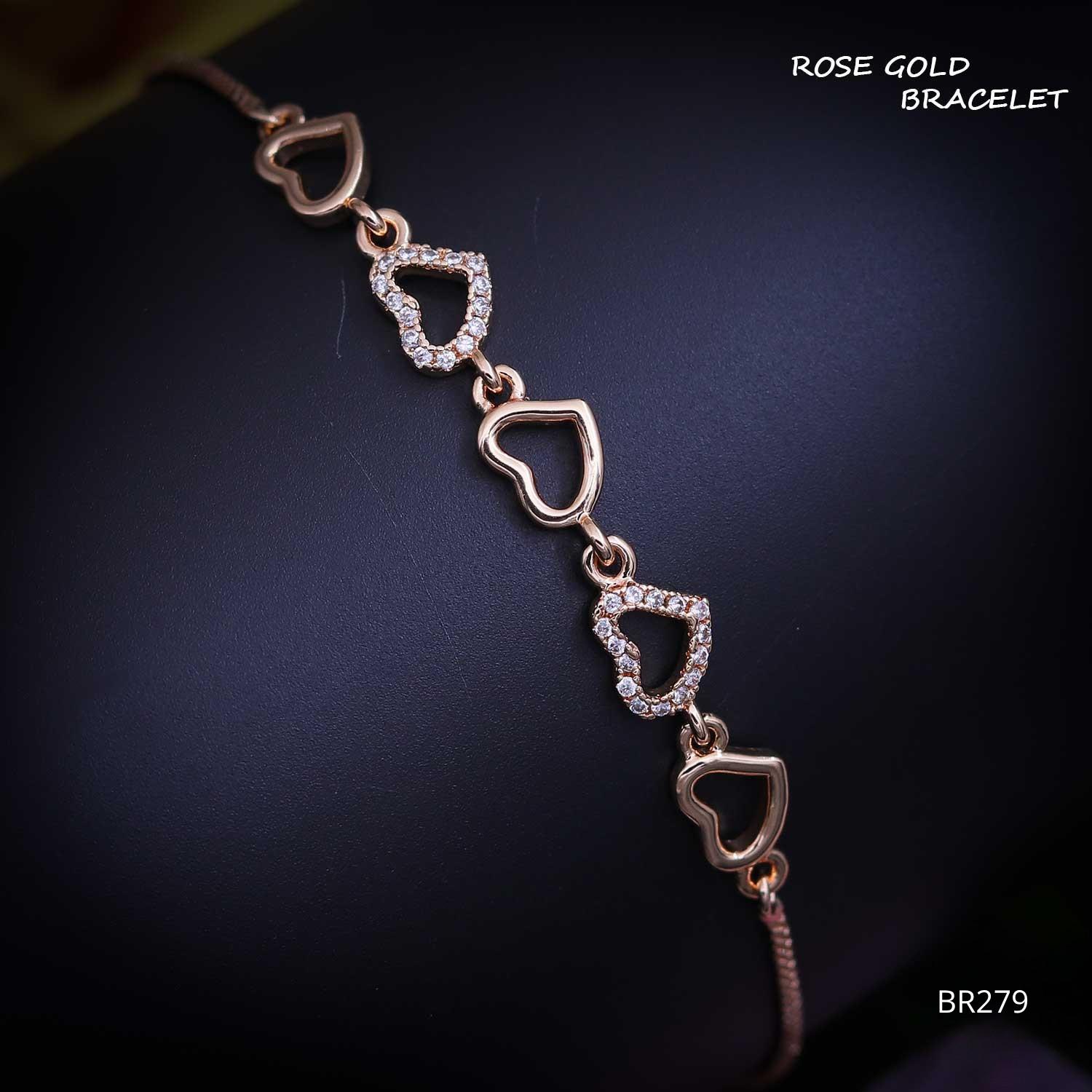 Forevershine Anti Tarnish Elegant Heart Link Adjustable Charm Bracelet, Rose Gold Plated, Copper Alloy,minimal Style With Cz Stones, Free Size|lightweight|gift For Her|for Women & Girls