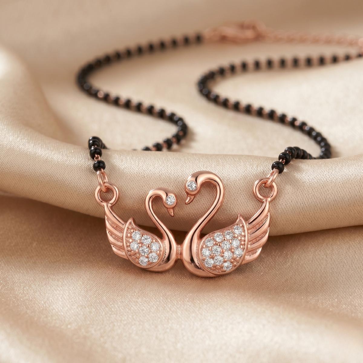 Forevershine Elegant Rose Gold Plated Twin Swan Mangalsutra With Shimmering Cubic Zirconia Cz Stones And Traditional Black Beaded Chain For Women, Alloy Metal, Polished Finish - Image 4