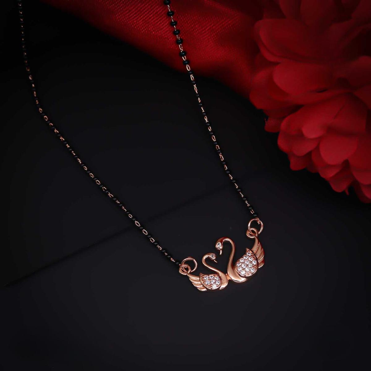 Forevershine Elegant Rose Gold Plated Twin Swan Mangalsutra With Shimmering Cubic Zirconia Cz Stones And Traditional Black Beaded Chain For Women, Alloy Metal, Polished Finish