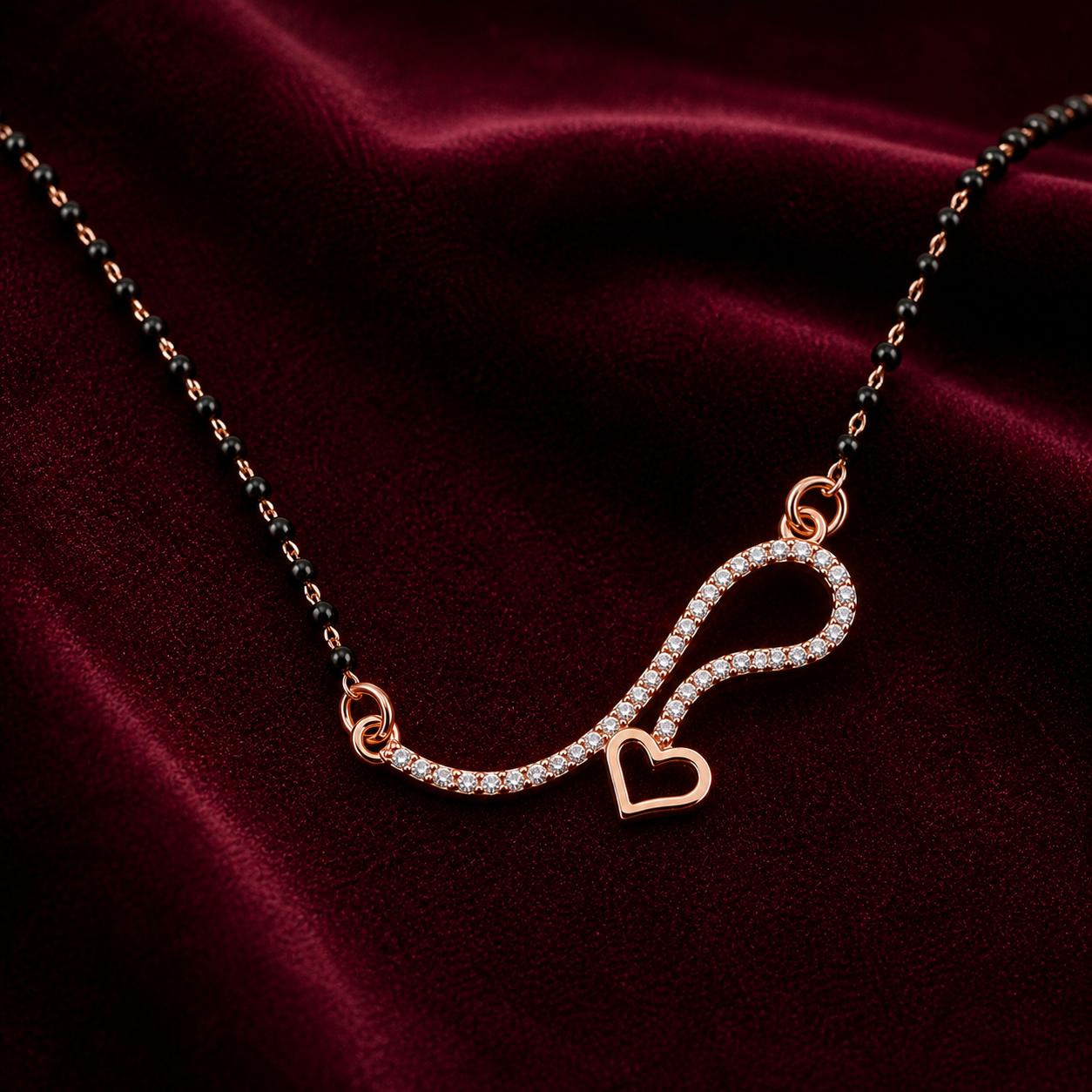 Forevershine Luxury Rose Gold Plated Infinity Heart Mangalsutra With Shimmering Pave-Set Cubic Zirconia Cz Stones And Traditional Black Beaded Chain For Women, Alloy Metal, Polished Finish
