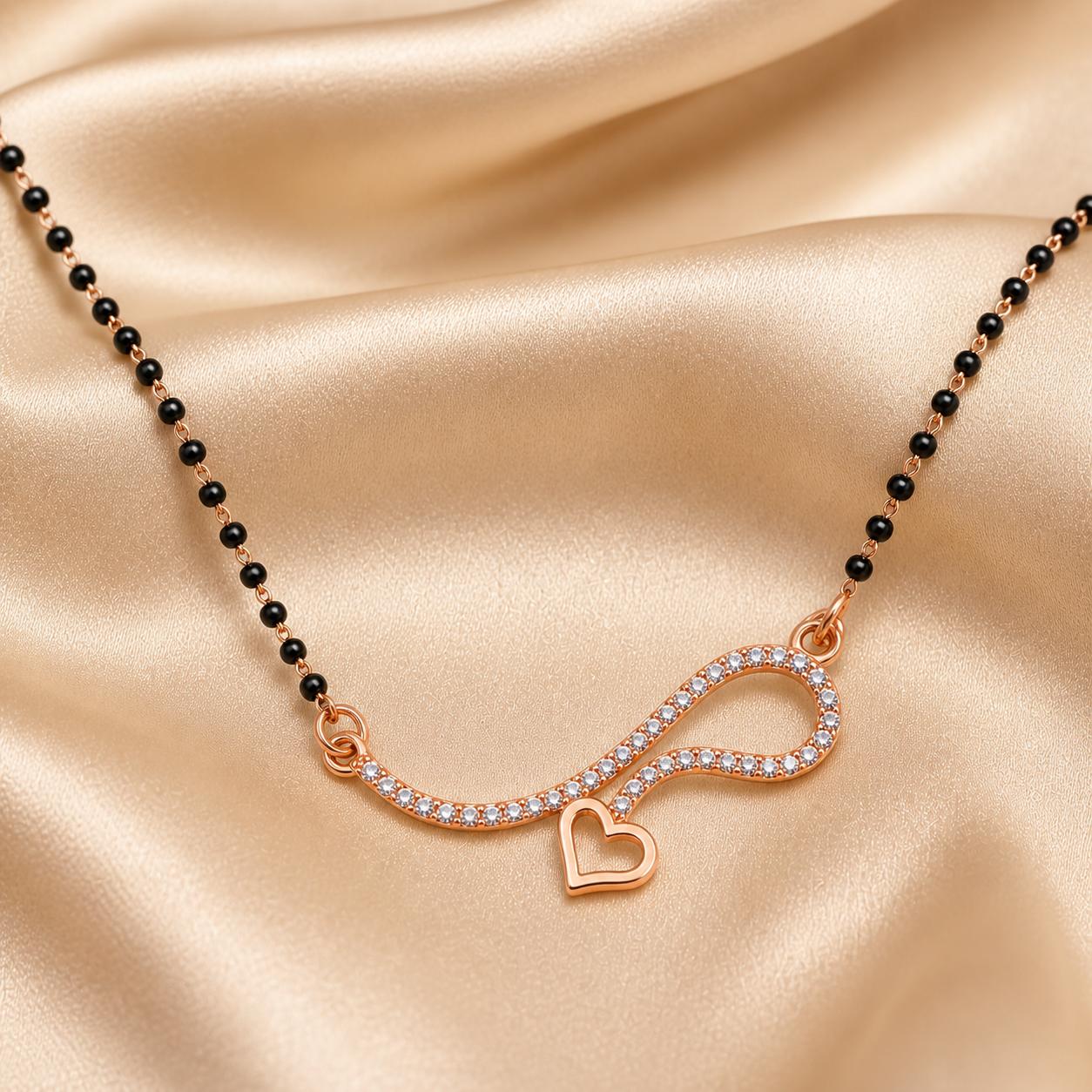 Forevershine Luxury Rose Gold Plated Infinity Heart Mangalsutra With Shimmering Pave-Set Cubic Zirconia Cz Stones And Traditional Black Beaded Chain For Women, Alloy Metal, Polished Finish - Image 2