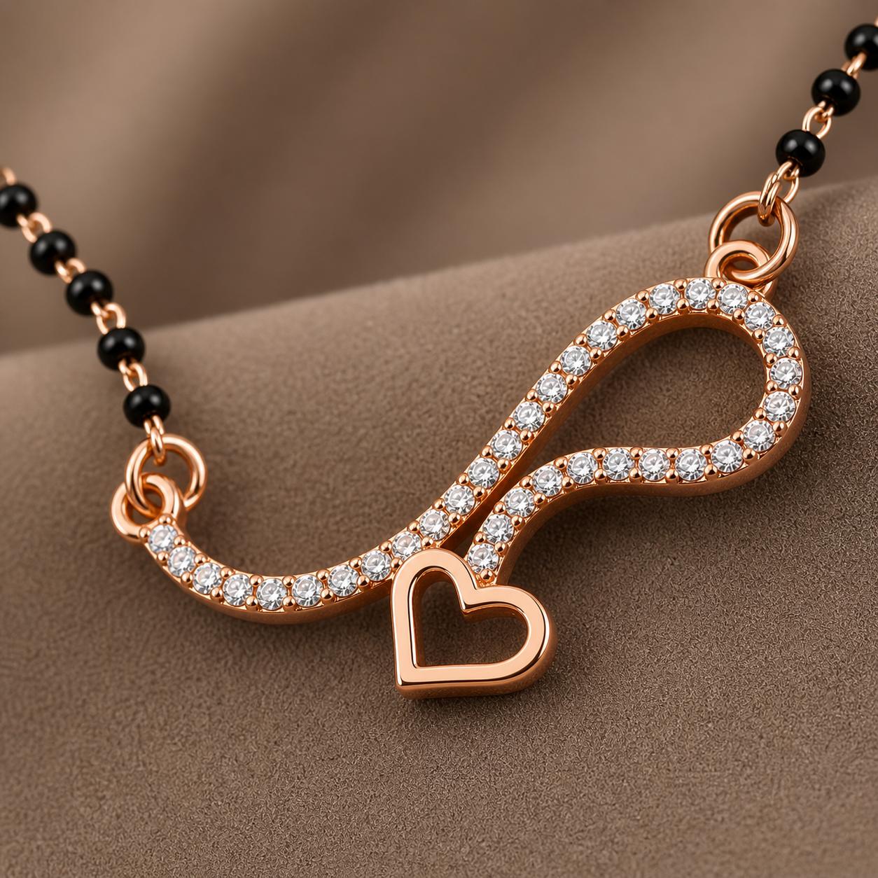 Forevershine Luxury Rose Gold Plated Infinity Heart Mangalsutra With Shimmering Pave-Set Cubic Zirconia Cz Stones And Traditional Black Beaded Chain For Women, Alloy Metal, Polished Finish - Image 3
