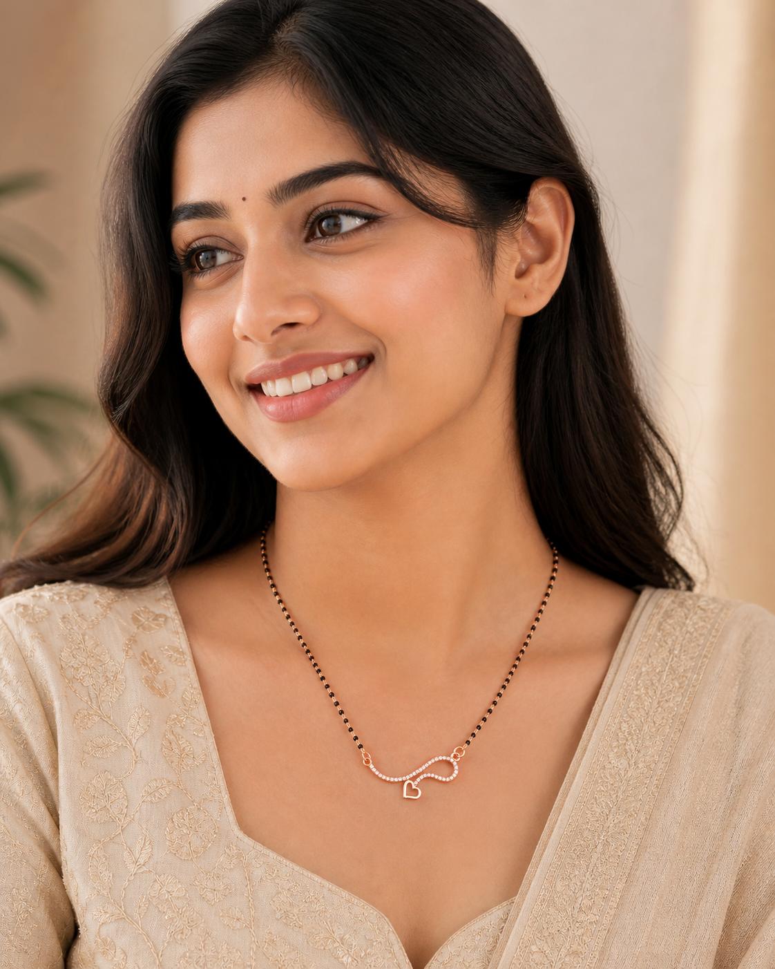 Forevershine Luxury Rose Gold Plated Infinity Heart Mangalsutra With Shimmering Pave-Set Cubic Zirconia Cz Stones And Traditional Black Beaded Chain For Women, Alloy Metal, Polished Finish - Image 5