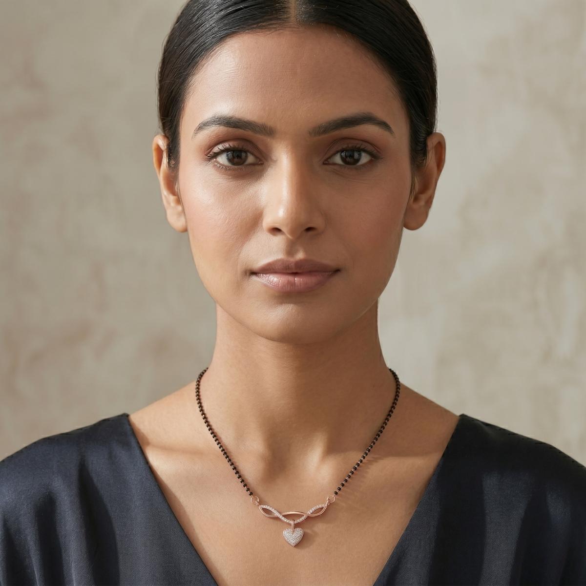 Forevershine Elegant Rose Gold Plated Infinity Curve Mangalsutra With Shimmering Pave-Set Cubic Zirconia Cz Stones And Heart Drop Dangler For Women, Alloy Metal, Polished Finish - Image 3
