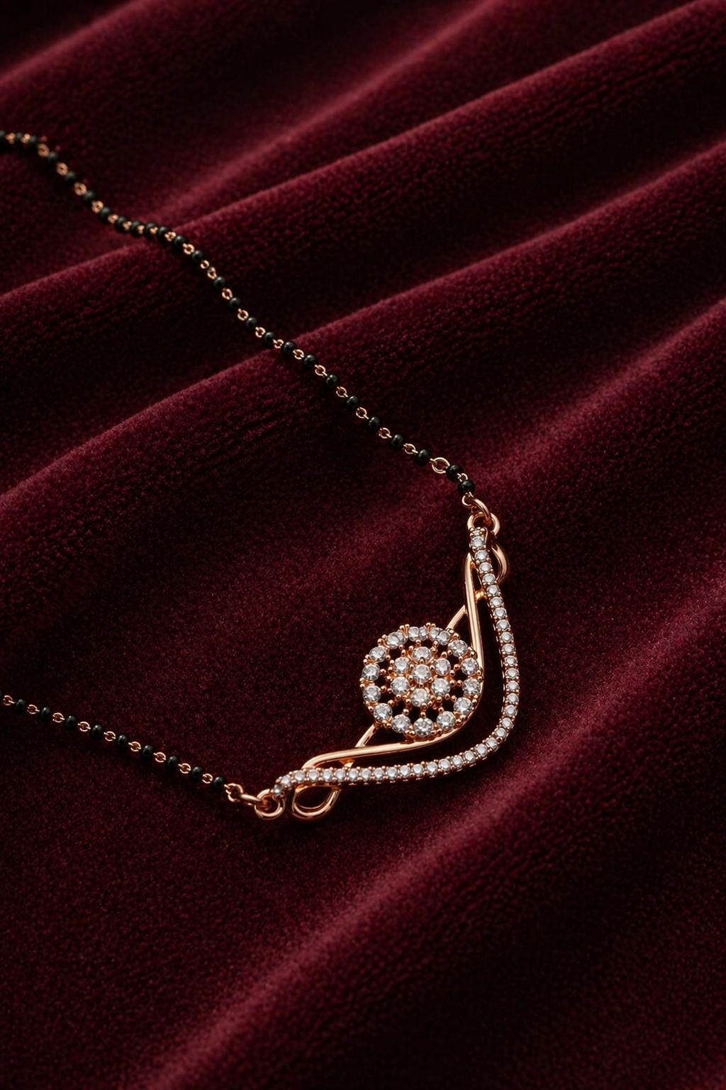 Forevershine Elegant Rose Gold Plated V-Shape Curve Mangalsutra With Round Wheel Pave-Set Cubic Zirconia Cz Cluster Pendant For Women, Alloy Metal, Polished Finish