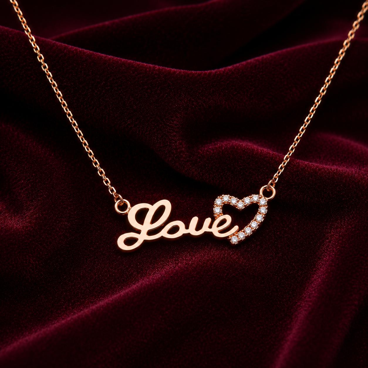 Forevershine Luxury Rose Gold Plated "love" Script Pendant Necklace With Pave-Set Cubic Zirconia Cz Heart For Women, Alloy Metal, Polished Finish