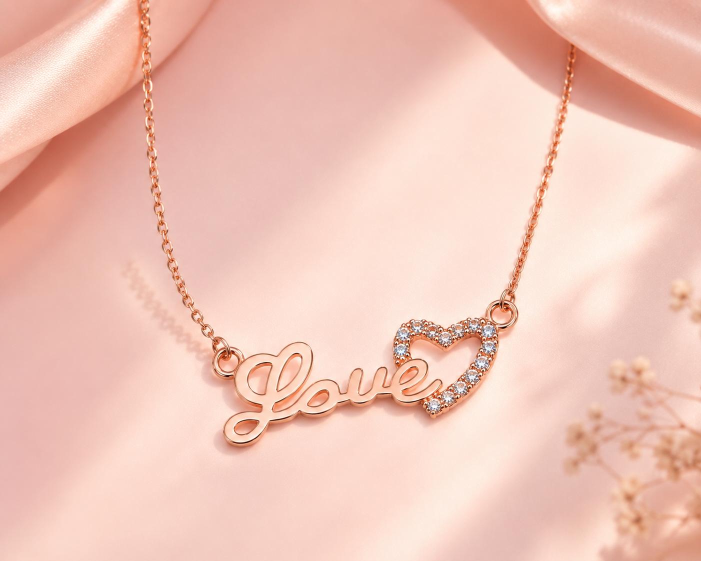 Forevershine Luxury Rose Gold Plated "love" Script Pendant Necklace With Pave-Set Cubic Zirconia Cz Heart For Women, Alloy Metal, Polished Finish - Image 2