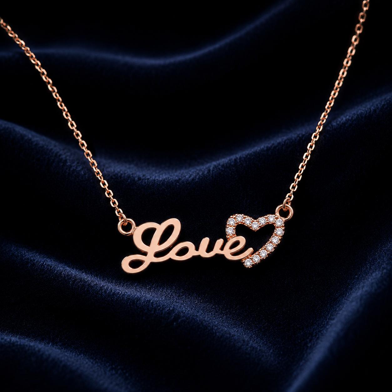 Forevershine Luxury Rose Gold Plated "love" Script Pendant Necklace With Pave-Set Cubic Zirconia Cz Heart For Women, Alloy Metal, Polished Finish - Image 3