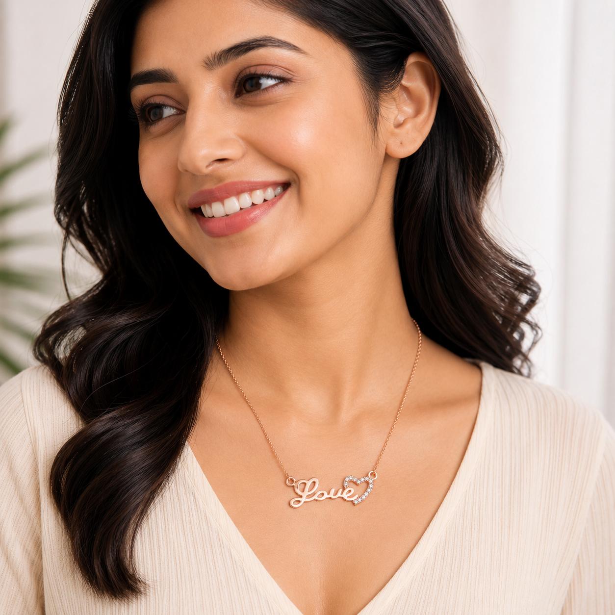 Forevershine Luxury Rose Gold Plated "love" Script Pendant Necklace With Pave-Set Cubic Zirconia Cz Heart For Women, Alloy Metal, Polished Finish - Image 4