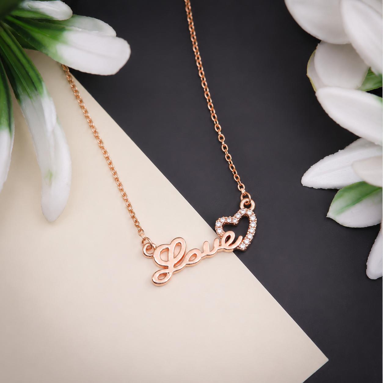 Forevershine Luxury Rose Gold Plated "love" Script Pendant Necklace With Pave-Set Cubic Zirconia Cz Heart For Women, Alloy Metal, Polished Finish - Image 5